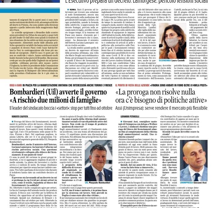 La Gazzetta del Mezzogiorno ha chiesto al dott. Assi di intervenire sulla fine del blocco dei licenziamenti, sugli ammortizzatori sociali e sulle politiche attive del lavoro contemplati dal Governo. Il parere  nelle pagine dell’edizione nazionale del 26.06.2021